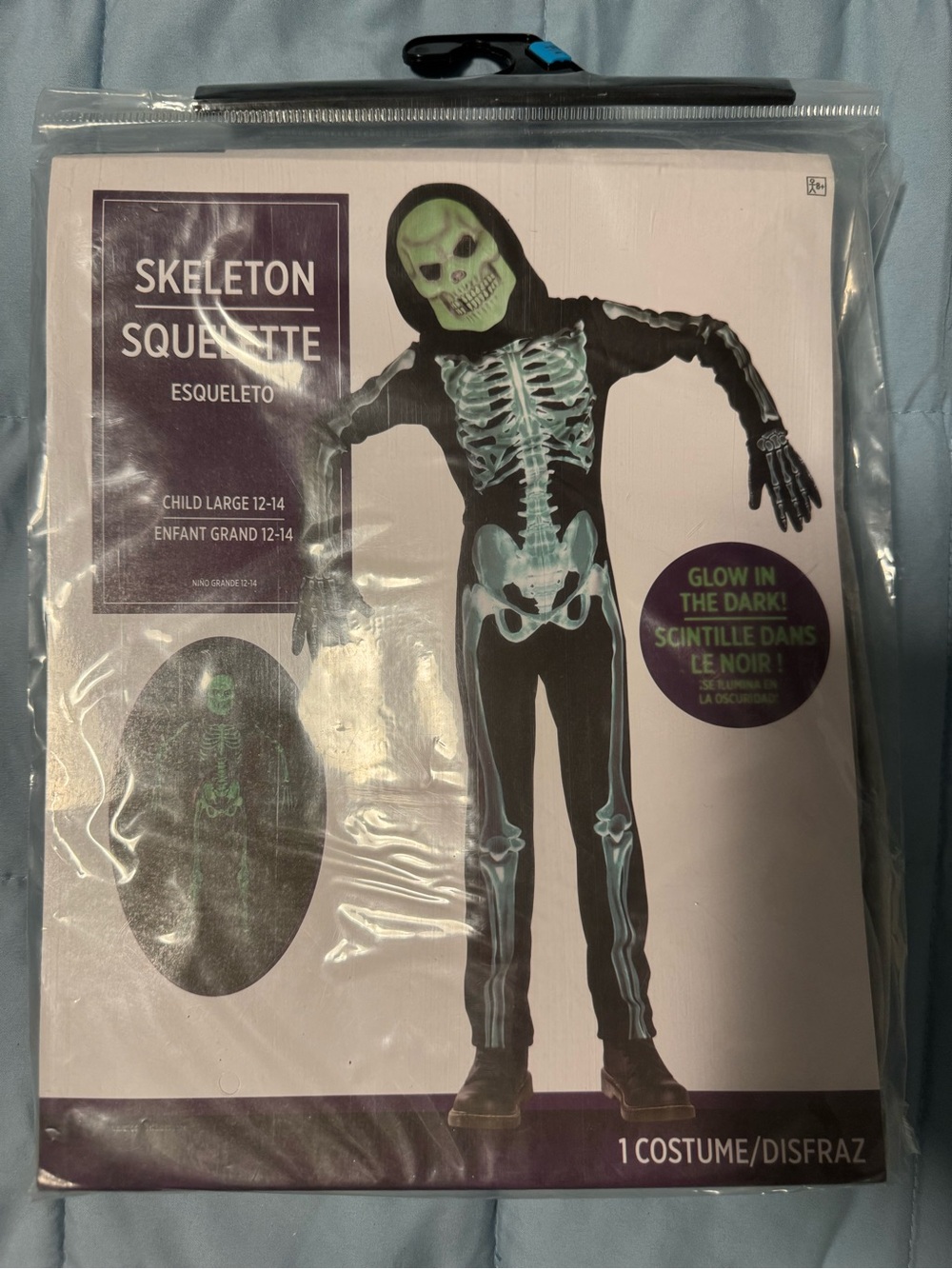LG Black Glow-In-The-Dark Skeleton Kids Costume with Green Bones